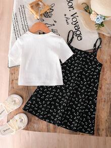 Conjunto de 2 peças para menina: camiseta de malha lisa com gola redonda e vestido curto floral. - Preto e Branco - Ver 2