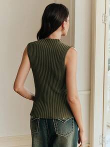 Anewsta Essential Women's Fitted Knit Sleeveless Vest, Colorblock Striped Mock Neck Top See Through Top Green Army Green Top See Through Tops Sage Green Olive Green Top - Green - View 2