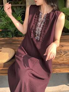 DAZY Đầm không tay thêu ren, viền bèo nhún, thích hợp cho kỳ nghỉ của nữ - Màu tím - Xem 1