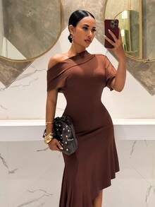 Slaydiva New Summer Style, Perfect For Birthday Parties, Back-To-School, Preppy, Student Wear, Everyday Outings, Basic And Versatile, Casual, Vacation, Cruise Travel, Beach, Seaside, Sunbathing, Online Style, Streetwear, Millennial Y2K Sexy Girl, Open Shoulder Ruffled Asymmetrical Hem Light Brown Dress - A - Brown - View 4