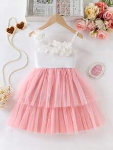 Summer Toddler Girls 4-7 Years Old 3D Flower One-Shoulder Strap Dress, Kids Pink Gradient Tulle Cake Dress, Foreign Trade Children's Clothing - Baby Pink - View 6