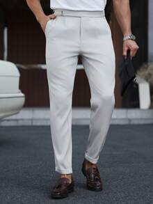Manfinity Mode Calça Social Masculina de Cor Sólida com Bolso Pregueado, Versátil e Adequada para o Dia a Dia - Cinza Claro - Visão 5
