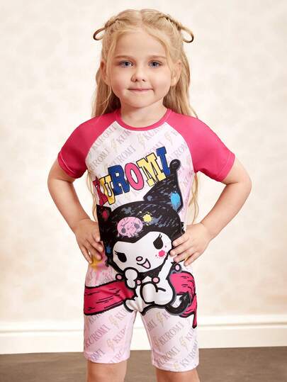 HELLO KITTY AND FRIENDS | SHEIN 女童卡通图案撞色圆领连体泳衣