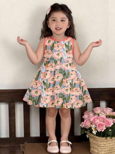 Young Girl Casual Sleeveless Midi Dress, Suitable For Summer Girls' Floral Peter Pan Collar Fitted Dress, Holiday Dress, Sweet Princess