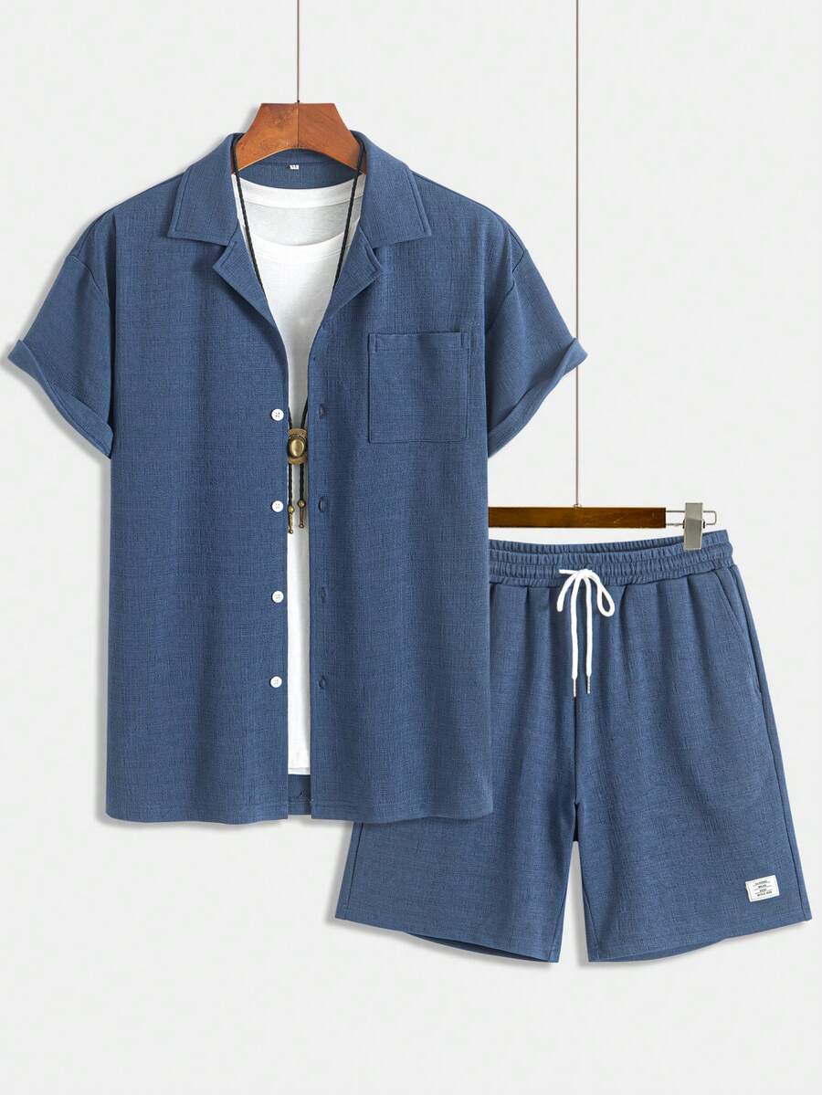 HIMLAND Bộ áo sơ mi ngắn tay màu trơn dành cho nam, thích hợp cho mùa xuân/hè. - Màu xanh lam - Xem 1