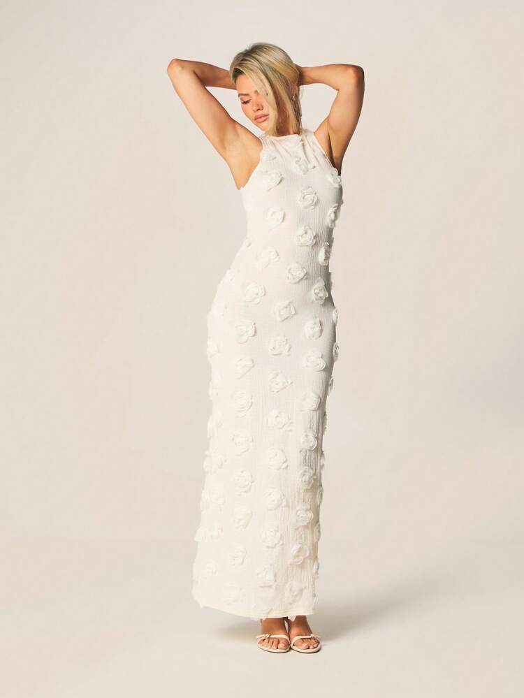 MISSGUIDED Sukienka maxi z wysokim dekoltem, bez rękawów i aplikacją z kwiatów 3D, biała, dopasowana, wieczorowa, formalna, długa