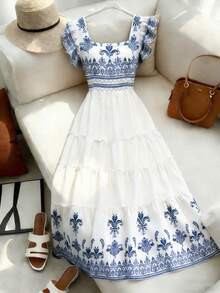 Franclia Versatile Classic Elegant Casual Chic Vacation Style Fashion Charming Urban Business Office Commute Playful Valentine's Day Date Party Beach Dress With Square Neck And Digital Printed Short Sleeves - Blue and White - View 8