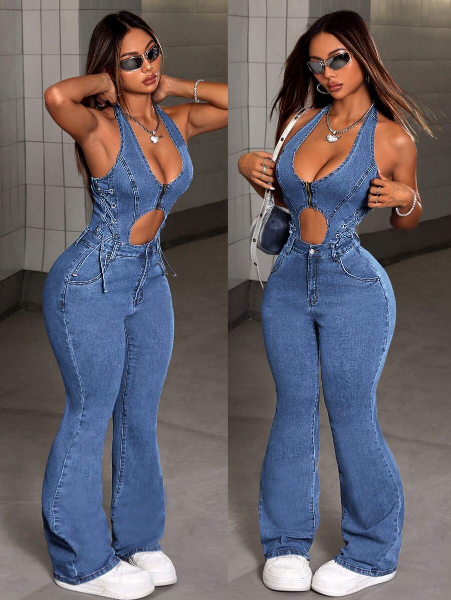 SHEIN Tall Mono de mezclilla con pierna acampanada y lazo en la cintura para mujer - Azul - Ver 1