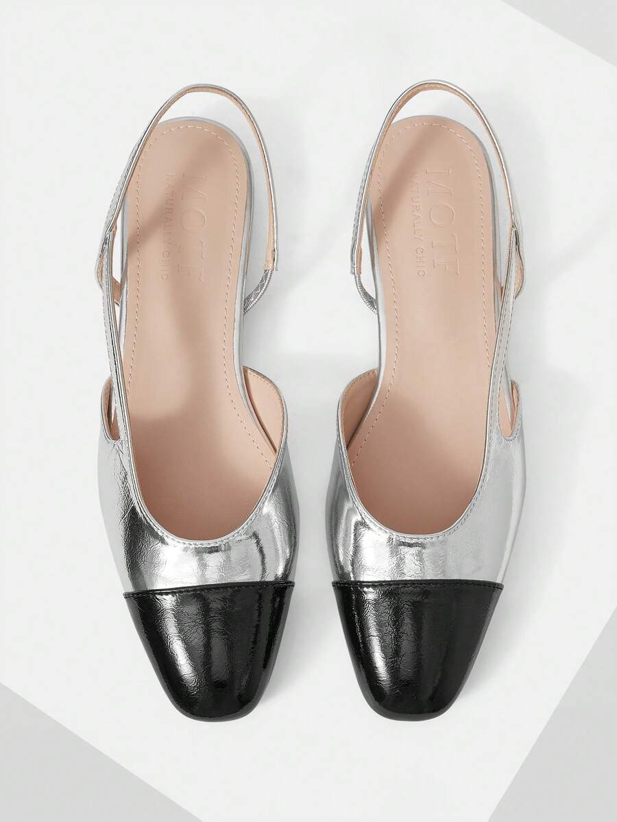 MOTF SPRING AND SUMMER NEW SPLICING SMALL ROUND TOE WOMEN'S SHOES, SLINGBACK LOW VAMP FLAT SHOES WOMEN SPRING SHOES - Black Silver - View 1