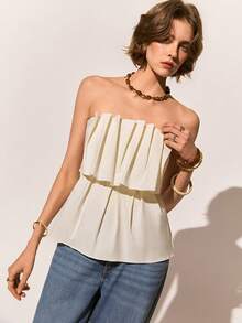 Poéselle Women's Elegant Pleated Strapless Top, Suitable For Summer Vacation And Dates - White - View 6