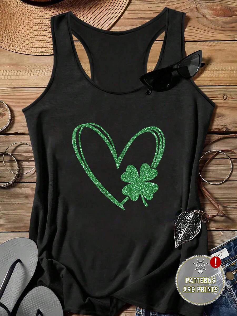 EMERY ROSE Áo tank top hai dây cỡ lớn, kiểu dáng tối giản, in hình trái tim và cỏ ba lá, thích hợp cho mùa hè, màu đen. - màu đen - Xem 1