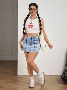 SHEIN PETITE Women's Casual Washed Fitted Denim Mini Skirt, Summer - Blue - View 5