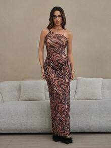 HautHeat 女士性感无袖斑马纹侧开衩睡裙 - 咖啡棕 - 查看 3