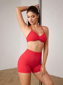 Menodora SHEIN Sport Mneodora Women's Solid Color Pleated Halter Top And High Waist Shorts 2in1 Set,Red Sports Bra&Shorts Pole Dance Outfit,Casual Daily Workout Underwear - Hot Pink - View 5