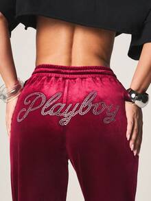 Missguided x Playboy Luxurious Burgundy Velvet Wide Leg Sweatpants With Drawstring Waist And Rhinestone Text Detail For Casual Comfort And Loungewear - Burgundy - View 1