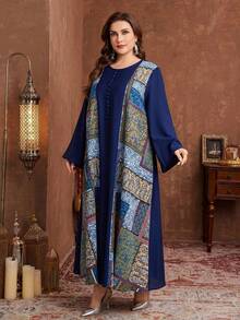 Al Najma Vestido casual de estilo árabe de manga larga, cuello redondo, talla grande, con estampado y parches, corte holgado para mujer - Multicolor - Ver 9