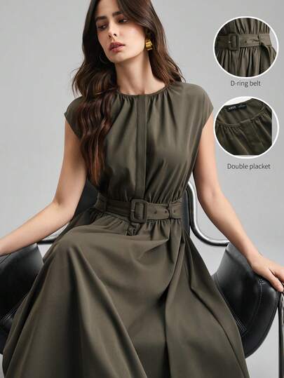 Ontre 2026春夏新款石板蓝长袖收腰喇叭短袖娃娃领连衣裙，适合现代都市派对、返校季、都市简约休闲日常穿着、波西米亚风、度假、节日、春季、情人节嘉年华装扮、女士沙滩装、优雅派对、女士正式场合长裙。