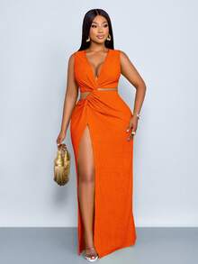 SOLERSUN Plus-Size Women's Sexy Spring/Summer Dress, Solid Color Textured Fabric, High-Slit Long Skirt, Cutout Waist With Knotted Details, Suitable For Romantic Occasions, Valentine's Day, Parties, Music Festivals, Beach Vacations, And Other Vacation Wear. Stylish And Versatile, Perfect For Summer Getaways. Curve Skirt Set Brunch 2 Piece Set Orange 2 Piece Set Curve Sexy Dress - Burnt Orange - View 4