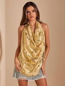 SHEIN BAE Gold Tie Back Draped Front Halter Top - Gold - View 3