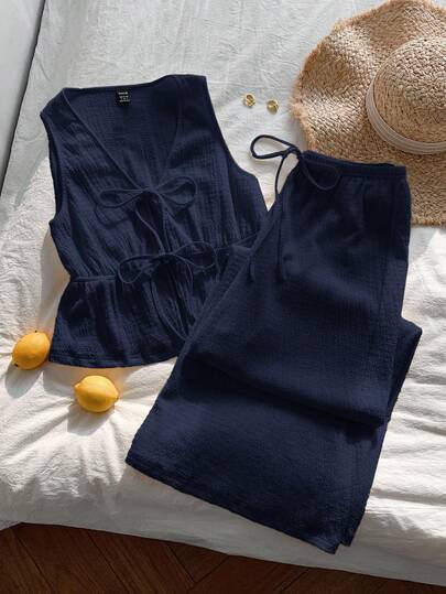 Comfortcana 女士藏蓝色针织系带无袖休闲套装