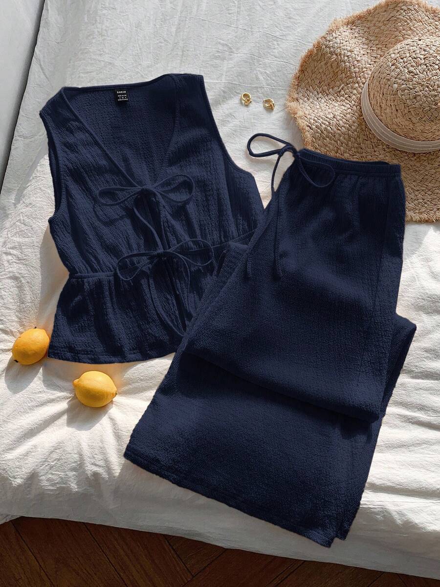 Comfortcana Bộ đồ thường ngày không tay màu xanh hải quân, chất liệu dệt kim, thắt nơ phía trước, dành cho nữ. - Màu xanh hải quân - Xem 1