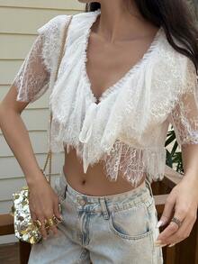 DAZY 女士休闲花卉蕾丝V领短款上衣，夏季 - 白色 - 查看 6