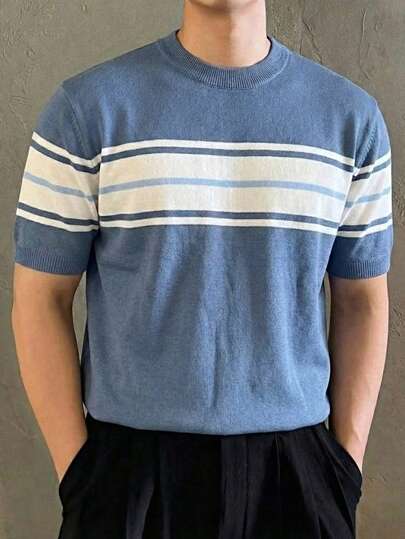 Claim Dot Men's Contrast Color Pattern Short Sleeve Knit Sweater Men Stripe T Shirt Blue Tops For Men Men Short Sleeve T Shirt Men's Short Sleeve Stripe Knit Top Men Knit Tops