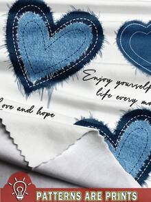 EMERY ROSE סט 2 יחידות: אפקט לב וג'ינס מקרית בגזרה רופפת טופ וחצאית לנשים במידות גדולות, מתאים לסתיו/חורף - כחול ולבן - ראה 7