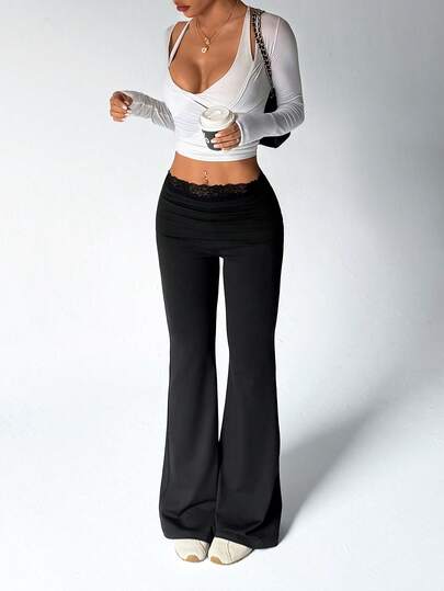 Sovereign Charm Women's Cinched Waist Floral Lace Trim Flare Leg Casual Pants, Suitable For Sports, Daily Wear, Macaron Color