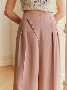 Anewsta 女士优雅设计褶裥前片不对称腰线高低摆金色装饰纽扣粉色西裤套装 - 粉色 - 查看 1