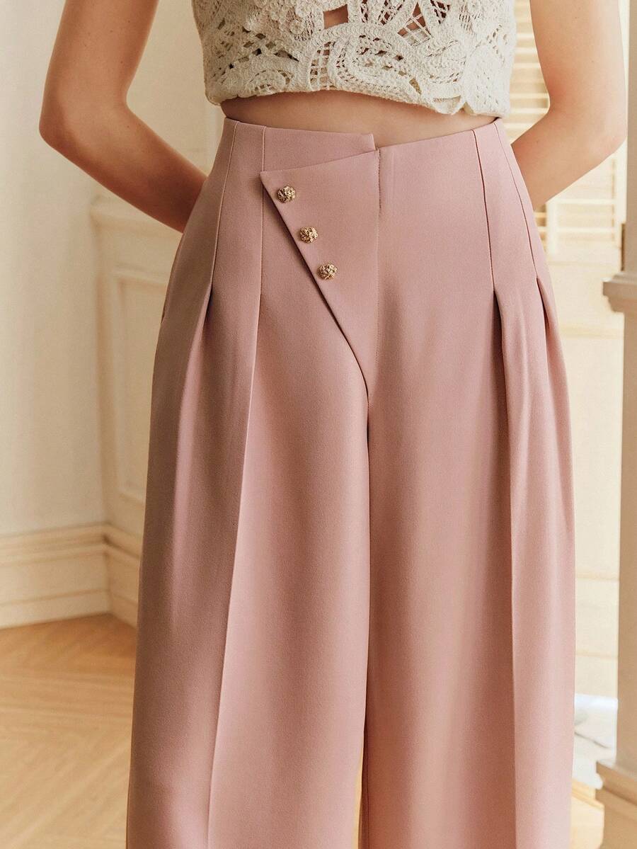 Anewsta 女士优雅设计褶裥前片不对称腰线高低摆金色装饰纽扣粉色西裤套装 - 粉色 - 查看 1