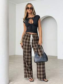 Siren Gaze Women's Casual Plaid Minimalist Daily Wear Pants - Coffee Brown - View 4