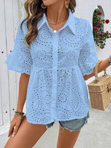 Breezaya Embroidered Shirt, Open Front Shirt, Embroidered Placket Shirt, Casual Shirt - Blue - View 6