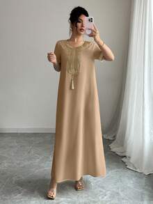 Rafferiza 女士金色蕾丝边圆领短袖流苏设计休闲宽松连衣裙 - 卡其色 - 查看 5