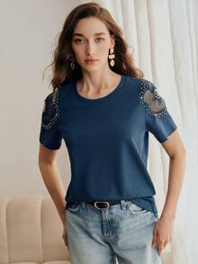 Anewsta Solid Color Round Neck Beaded Mesh Hollow Shoulder Design Short Sleeve Slim Fit Women T-Shirt - Navy Blue - View 7