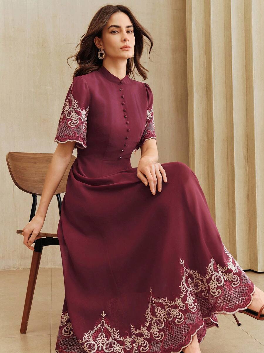 Anewsta 女士酒红色碎花短袖连衣裙 - 酒紅色 - 查看 1