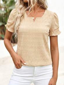 EMERY ROSE 女士夏季短袖V领褶皱袖口衬衫 - 卡其色 - 查看 5