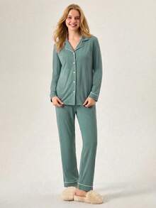 Loomlin Women Binding Detail Homewear Pajama Set - Blue - View 3
