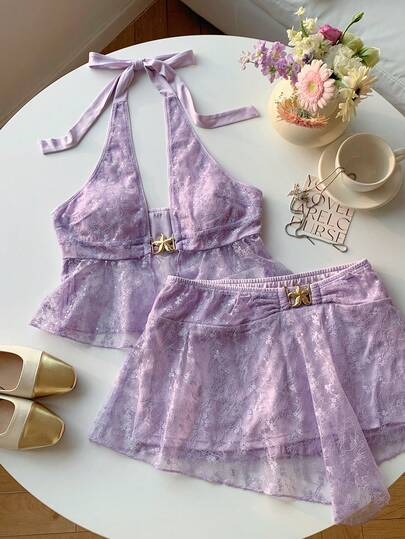 Comfortcana Women's Romantic Metal Starfish Decor Halter Top And Mini Skirt 2 Pieces Set,, Beach Vacation Outfits For Women Cute Two Piece Set Purple Two Piece Set Lace Two Piece Set Lavender Two Piece Set