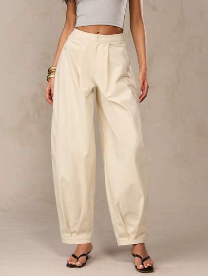 SHEIN BAE 米色休闲亚麻混纺灯笼裤、灯笼裤、哈伦裤、宽松长裤、通勤休闲裤、夏季长裤