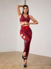 Menodora SHEIN Sport Women's Sexy Leopard Print Pole Dance Dancewear Print Sports Bra Suitable For Pole Dancing And Stage Performance   Red Black Color - Coral Orange - View 3