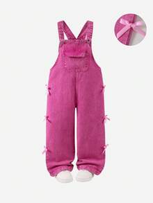 Elladie kids 年轻女孩复古紫红色蝴蝶结装饰宽松直筒牛仔背带裤，面料柔软舒适，休闲百搭，女孩牛仔裤 - 玫紅色 - 查看 6