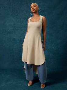 Vixey Apricot Dual Side Slit Sweater Maxi Tank Top - Khaki - View 1