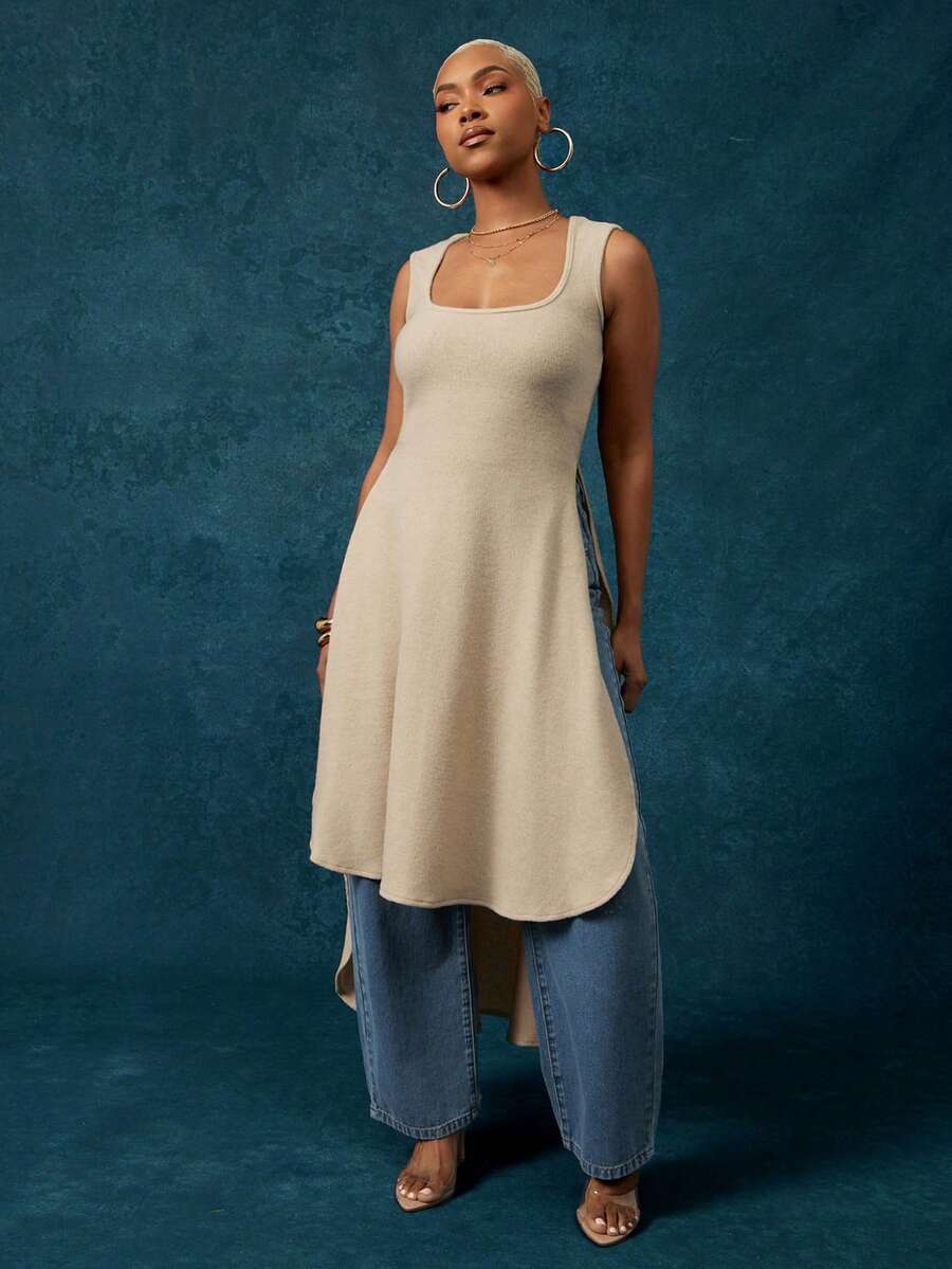 Vixey Apricot Dual Side Slit Sweater Maxi Tank Top - Khaki - View 1