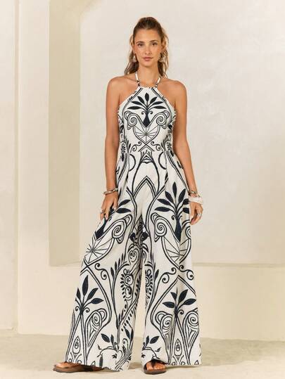 CAJUNI Women's Halter Tie-Up Floral Print Casual Jumpsuit, Suitable For Vacation And Daily Wear