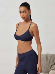 Ocili 100% Cotton Ribbed Comfortable Basic Minimalist Chic Autumn Casual Women Bra - Navy Blue - View 7