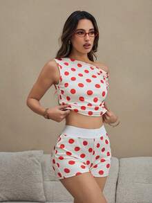 HautHeat Women's Casual Comfortable Round Neck Printed Oblique Shoulder Pajama Set - Red - View 4