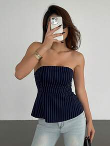 DAZY 女士条纹修身短款吊带背心 - 藏蓝色 - 查看 4
