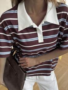 Livesso Áo thun nữ tay ngắn cổ polo kẻ sọc phối màu, kiểu dáng thường ngày, thích hợp cho mùa hè. - Cà phê nâu - Xem 6