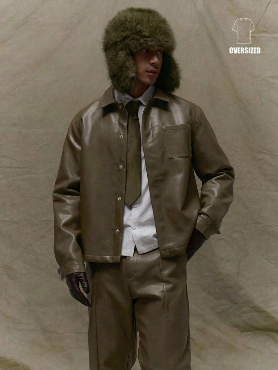 Musero Boxy Fit Long Sleeve Leather Collard Button Up Shirt Jacket Hidden Placket Detailing  Spring&Summer - Olive Green - View 1
